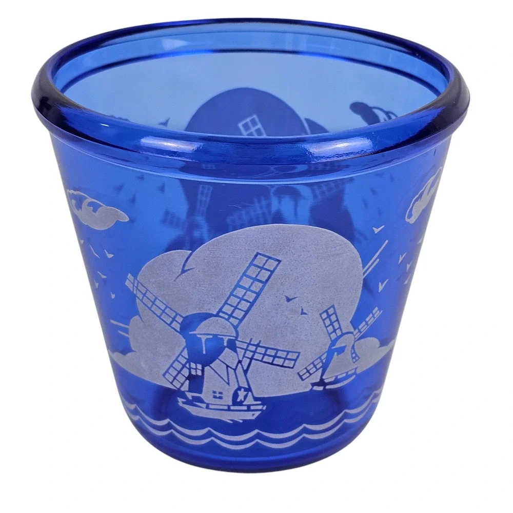VTG Hazel Atlas cobalt blue glass ice bucket windmills 4.25